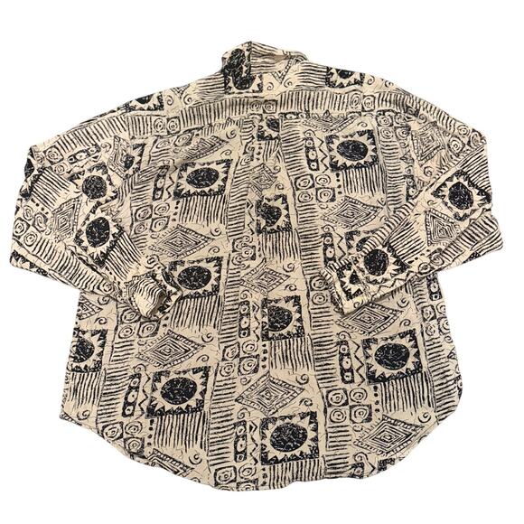 Goouch Vintage 90s Abstract Button Up Long Sleeve Shirt Beige Black Rayon Large - Picture 2 of 5